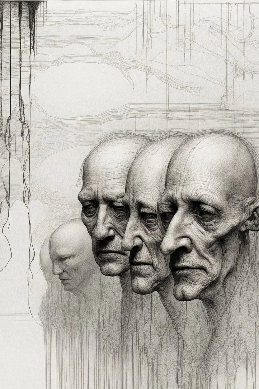 The full body of two fat old men , a thin line draw ، Siamese brothers with one body of two heads , front view camera, decayed and rotting with grotesque proportions and imagery. surreal horror, biomechanical design, by hr giger and beksinski , fine lines draw