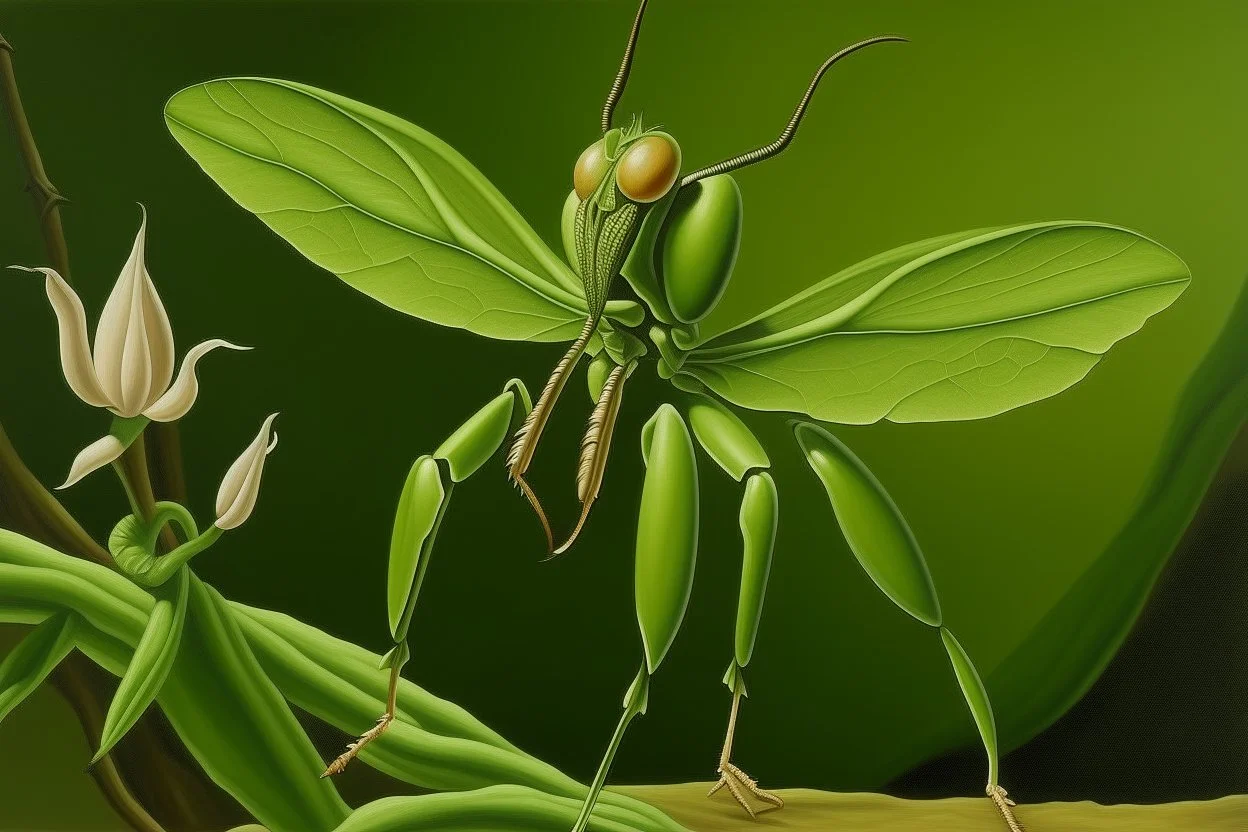 An olive green nature elemental orchid mantis painted by René Magritte