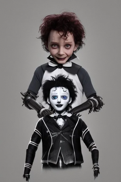 Edward scissorhands toddler, tshirt, full body, jump, bokeh, hyper realistic