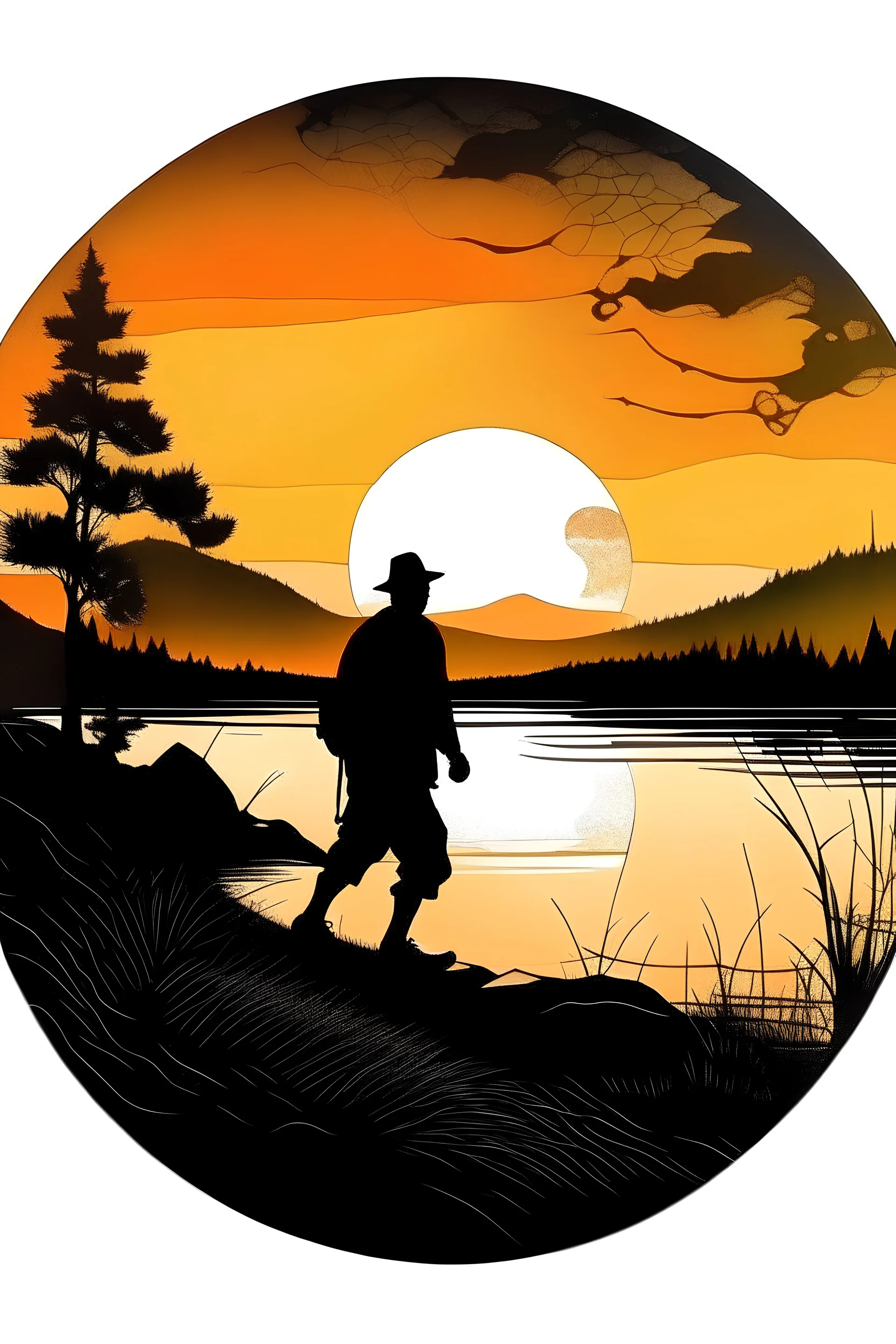 A circlular edge made from small outdoor drawings. inside circle a silhuet hiker walking next to a lake in a mountain scenery in sunset