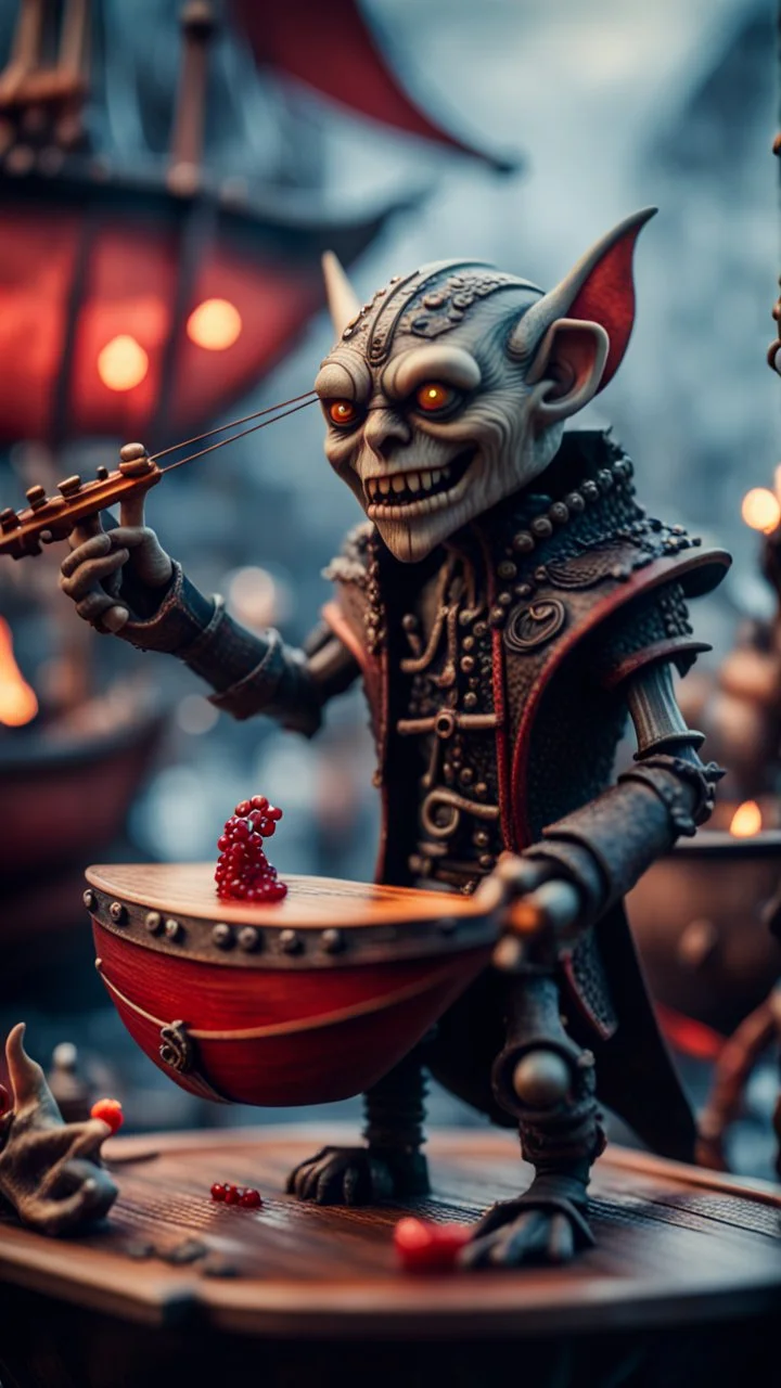 portrait of a vampire werewolf robot goblin gremlin with mustage smoking a violin blood of fish on a viking ship, in the style of Giger,bokeh like f/0.8, tilt-shift lens 8k, high detail, smooth render, down-light, unreal engine, prize winning