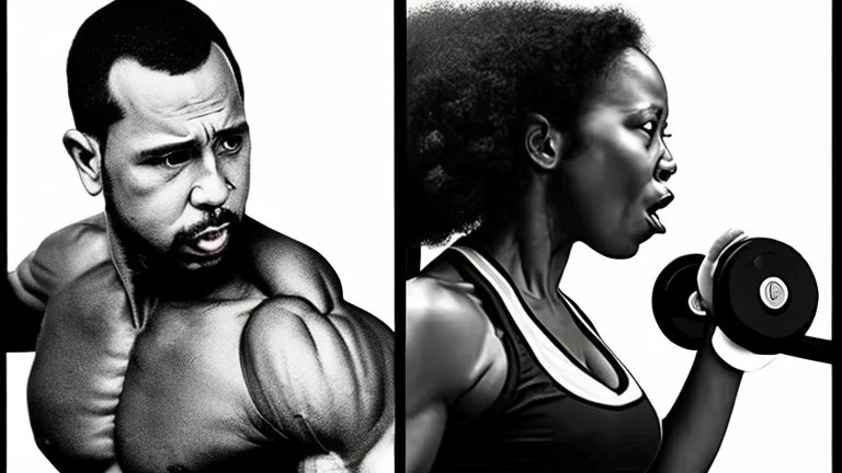 2 panels: one with an angry black lady screams on phone the other panel shows Tyrone using workout machine