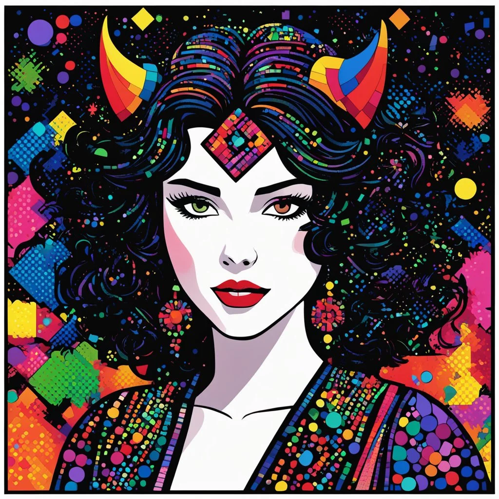an illustration for the comic "she is the Devil" by Jean-Paul Riopelle [style is lite brite art, luminous and colorful designs, pixelated compositions, retro aesthetic, glowing effects, creative patterns, interactive and playful, nostalgic charm, vibrant and dynamic arrangements]