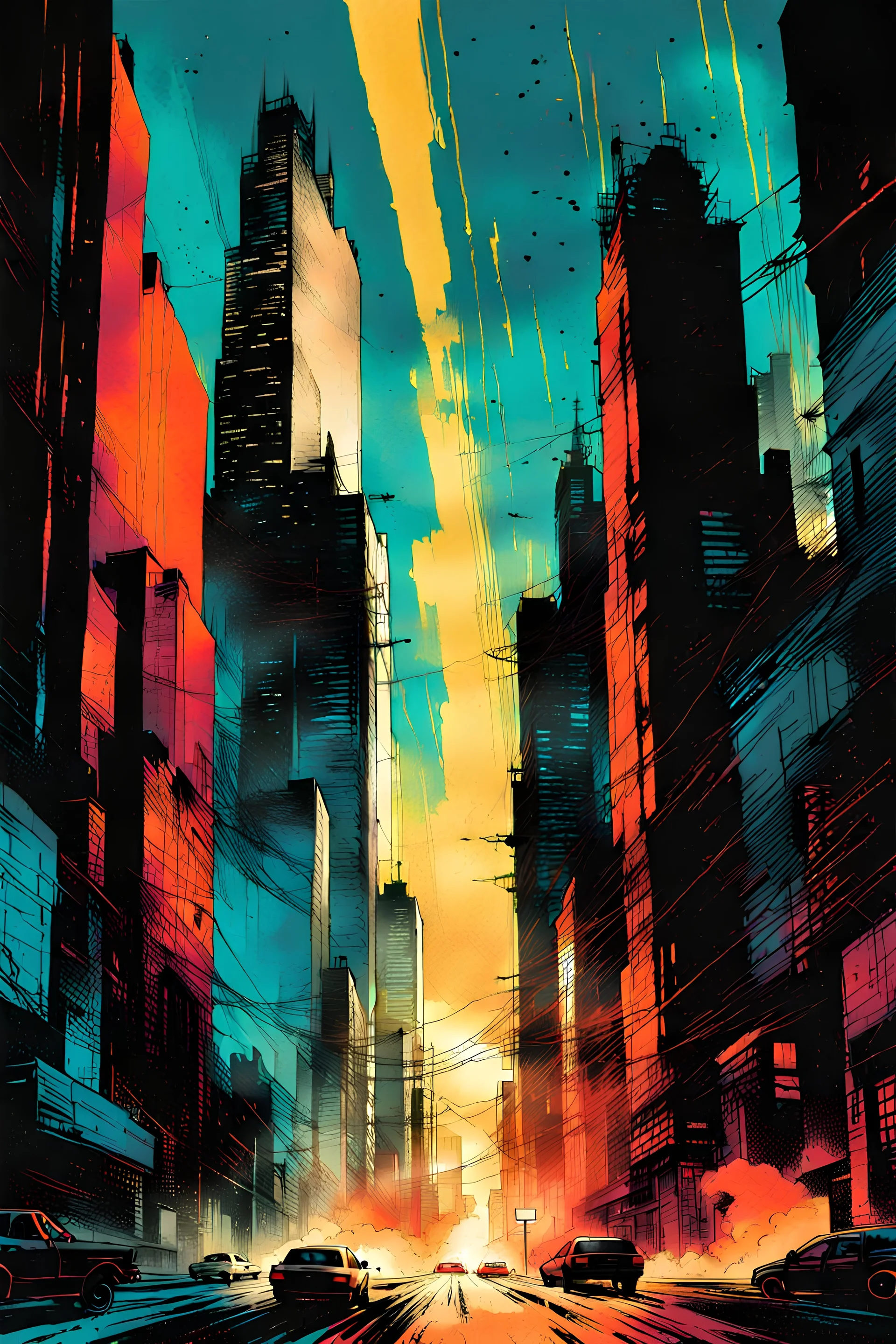 create an abstract illustration of a female inner city landscape , highly detailed , in the comic art style of FRANK MILLER and BILL SIENKIEWICZ, searing lines and forceful strokes, boldly inked, with gritty textures, vibrant colors, dramatic otherworldly lighting, highly detailed facial features, 8k