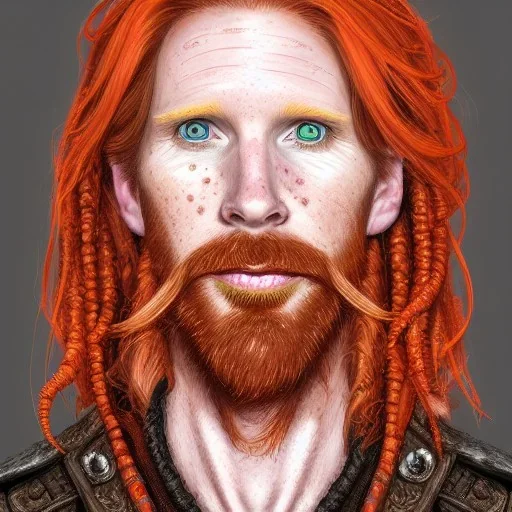 Portrait of Courtney Gains as a ruggedly handsome but joyful roguish pirate, charismatic, attractive male, masculine, perfect, precisely detailed, lightly freckled face, meticulously detailed multi-hued ginger carrot colored cherry fire red hair; Malachai of the corn; fantasy, intricate, elegant, highly detailed, digital painting, artstation, concept art, matte, sharp focus, illustration, art by artgerm and greg rutkowski and alphonse mucha