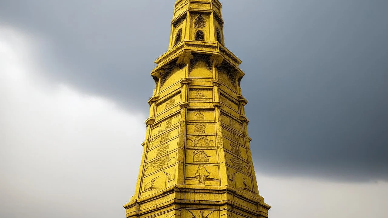 A light yellow spire with lightning designed in ancient Egyptian architectures and sculptures painted by Zosan