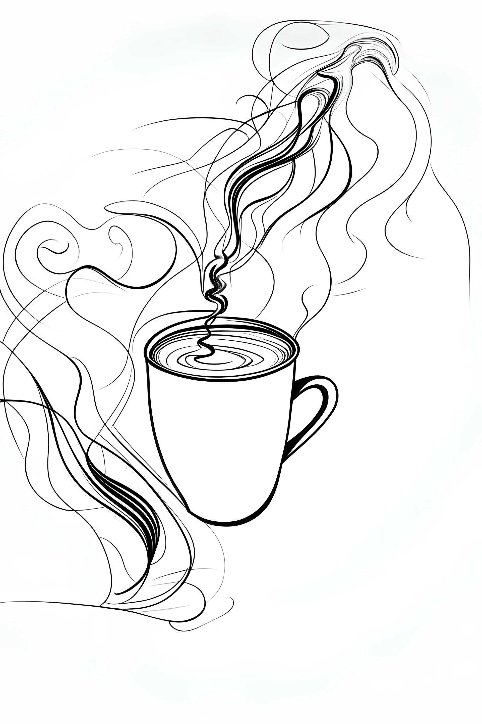 A abstract line coffee cup with the aroma vape turning in to a abstract outline of a male face black ink on white background