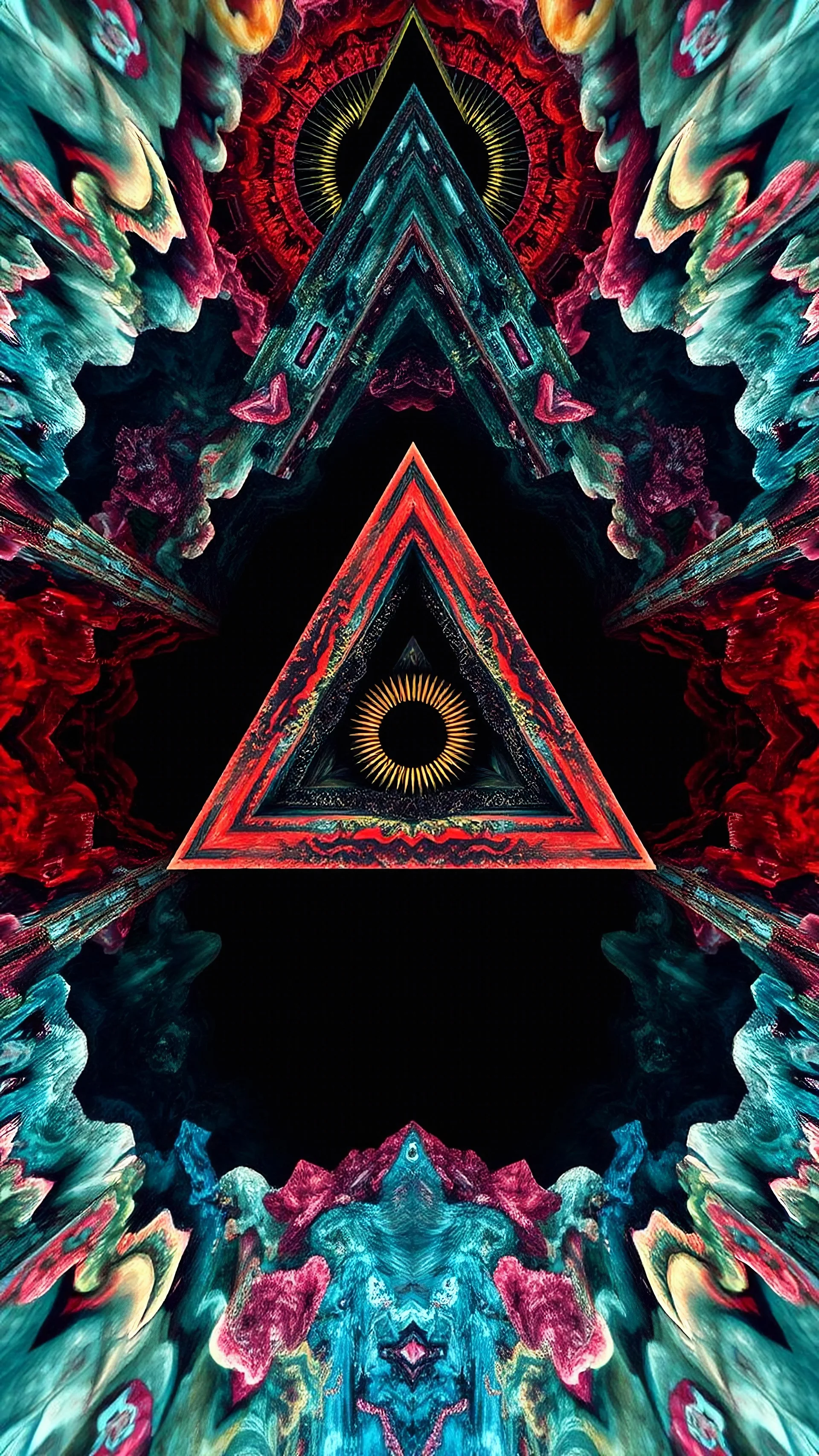 Surrealism insanely detailed 3D photography unspiraling temple lakes psychedelic abstracts surreal mandelblub weirds fullbody eye mouth floating falling in the air and abyss illusion, triangles shapes and blackhole. symmetrical, centering, complex, confusing. repetitive and real, theet motif looking one way up, worm, flying key, eerie, morbid, darkness, creepy taurus goat. digital painting, vivid, trippy