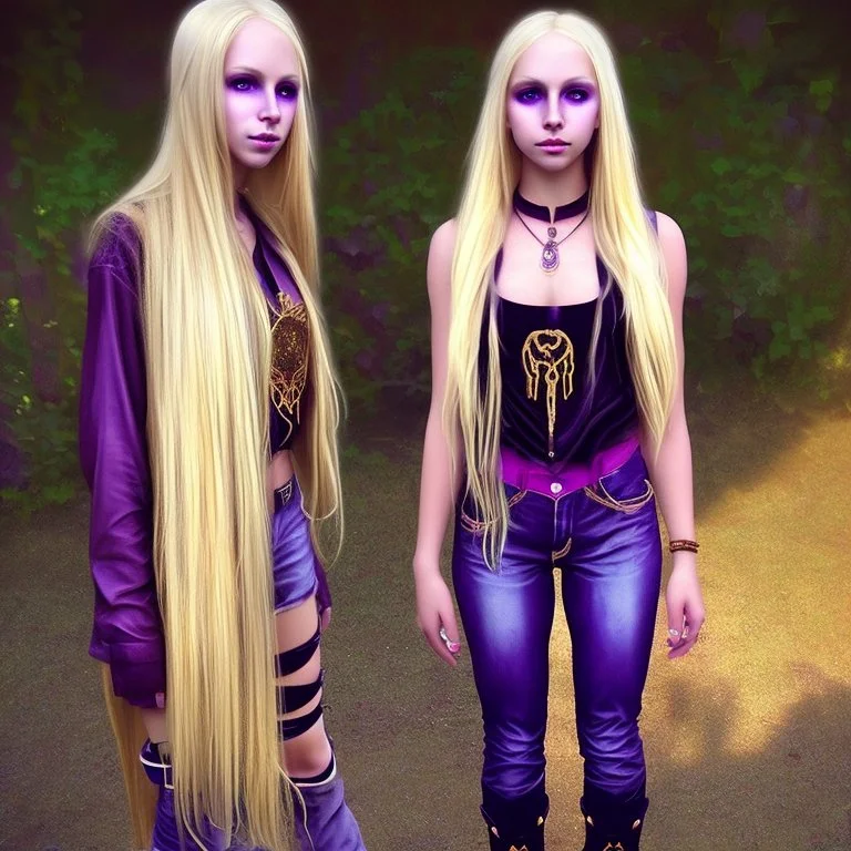 A girl with a purple gold hue around them with small bits of purple gold on their skin. They have long, dirty blonde hair and wear a tank-top with a jacket around their waist and jeans. They wear boots and have violate eyes.