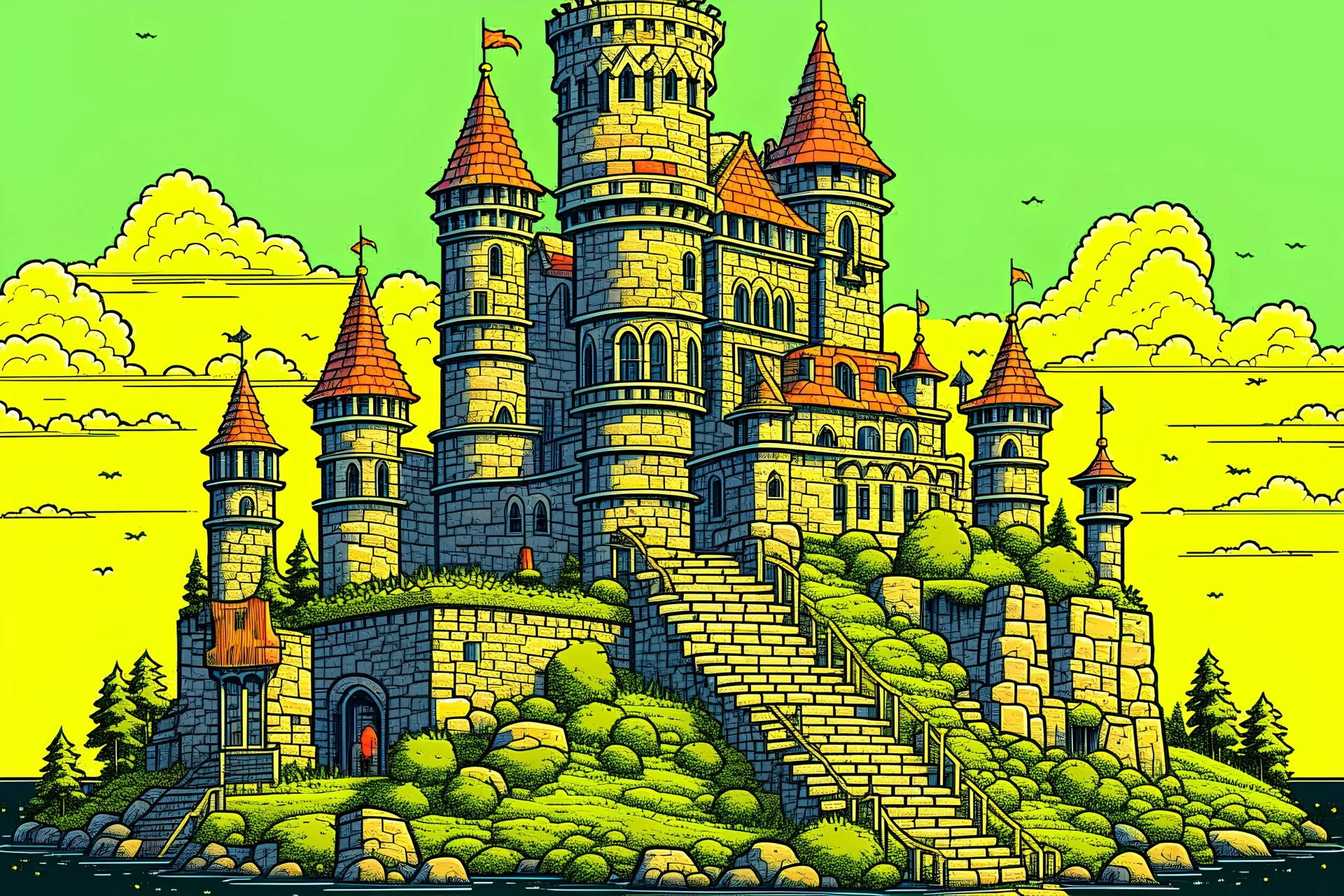 Castle ,platformer, vector art , game art, enhanced, detailed, wide view