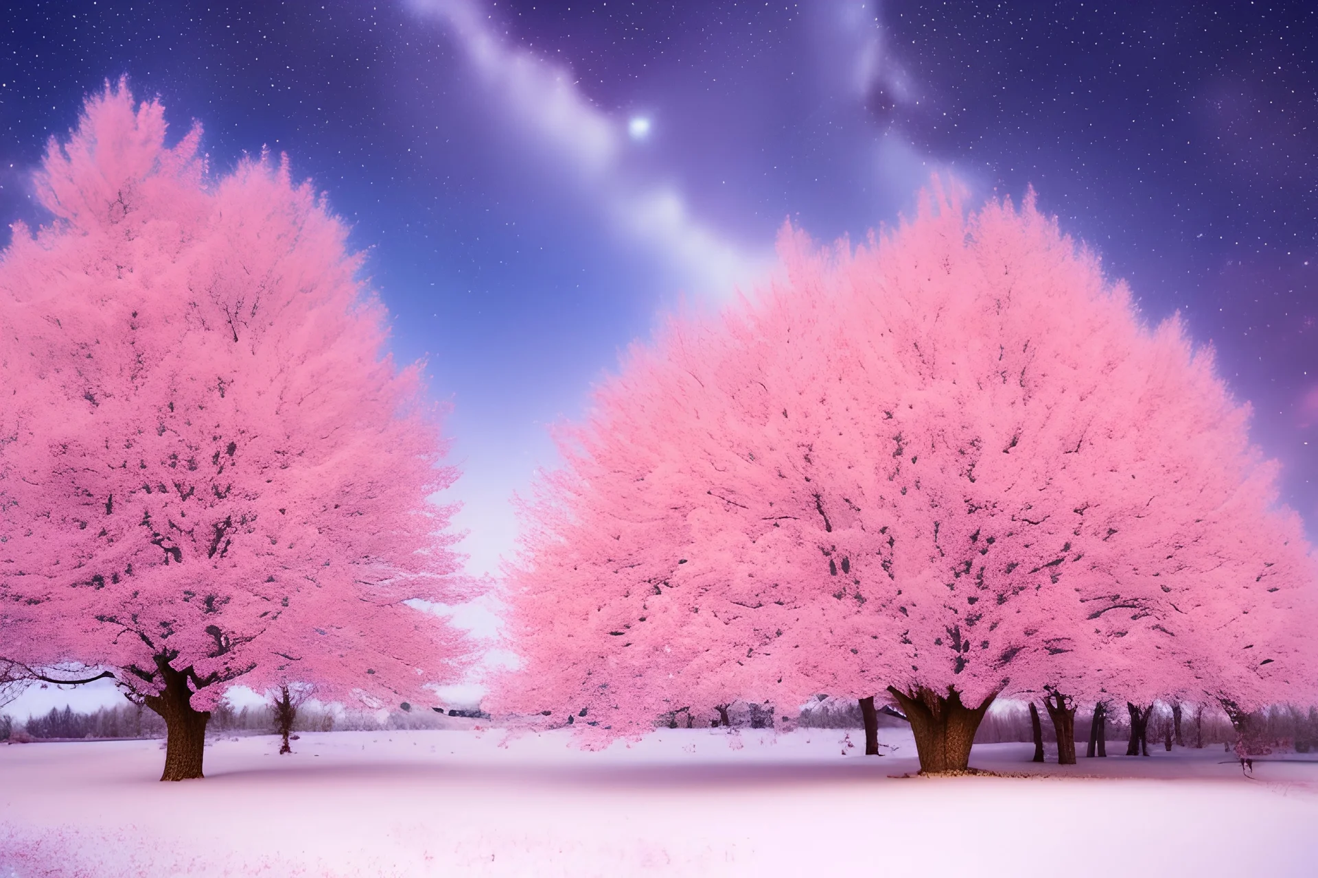 arbres roses et petites fleurs roses et avec petits points de lumière dans un ciel de nuit étoilée avec la voie lactée et sous la neige , HD, 8k