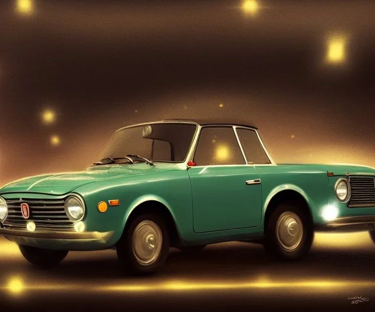 fiat 125p, city. high speed. bokeh. lens flare. warm lights. high detailed. oil on canvas