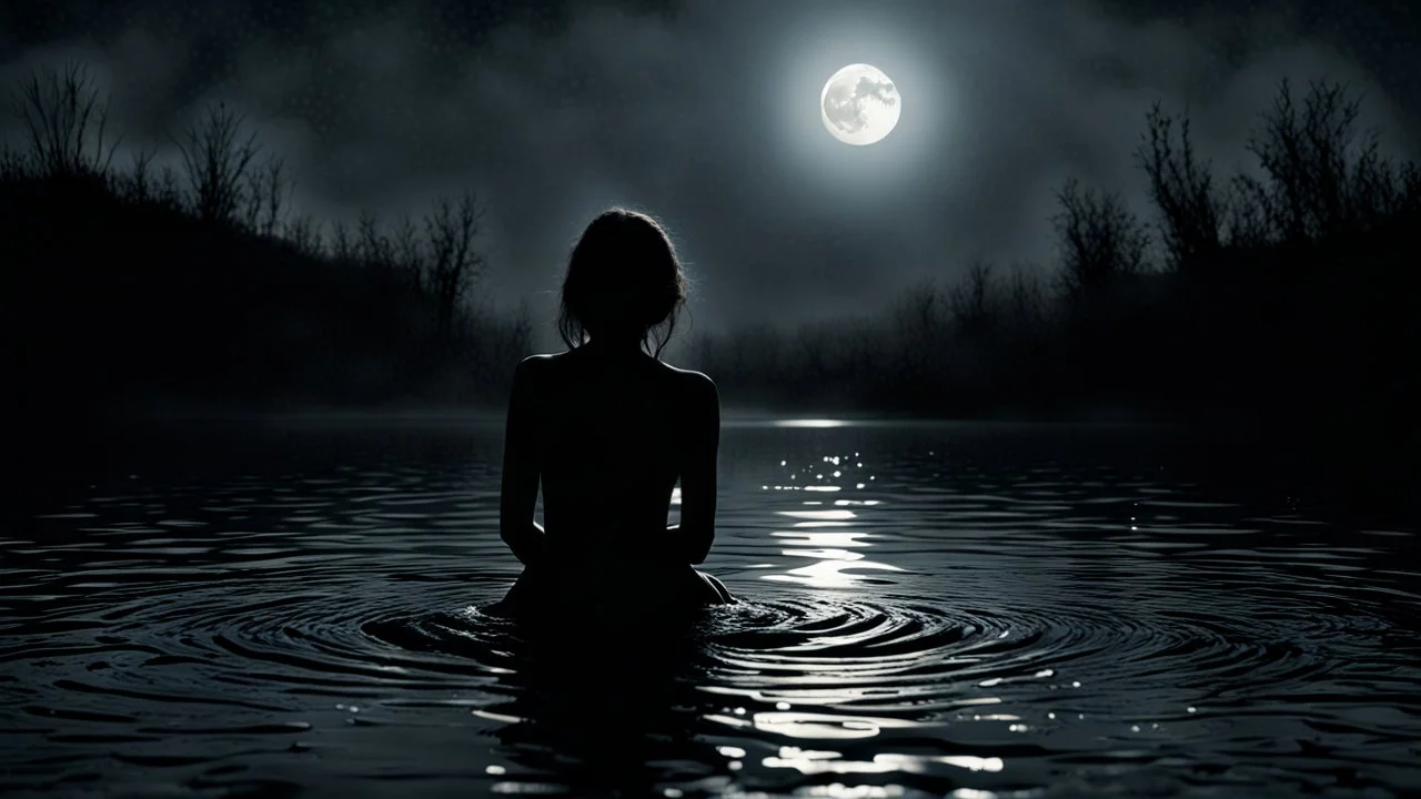 a sad woman sitting in the dark water with a full moon in the background, reflections on water, dark atmosphere, surreal, dramatic mood, water mists, in a shallow river, grieving. high detalied, intricate, swirly liquid ripples, an emo girl, dark deep colours, atmospheric, weird, crepy stunning