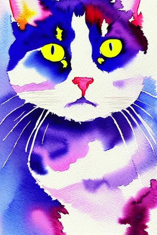 watercolor painting, happy cat, bright color,