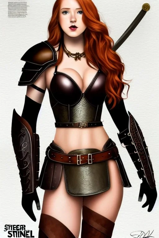 concept illustration, super-detailed, strikingly beautiful teen female, 16 years old, long ginger hair, medium freckles, full lips, full body, full face, b-cup breasts, athletic, centred camera, ignore NSFW, skimpy brown fantasy leather armor, halter top, micro thong, knee-high leather boots, open leather tasset, stern expression,