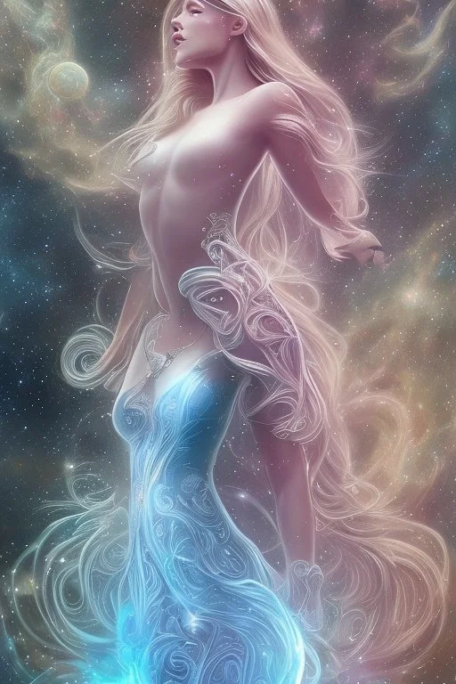 Create an image of a full body cosmic Goddess. The goddess should be depicted as a beautiful and powerful figure, surrounded by cosmic stars. Her hair should be long, blond and flowing, and she should be dressed in a flowing gown blue celestial robe. In the background, include imagery of pink flowers, blue sky,trees. The image should evoke a sense of joy, celebration, and spiritual connection to nature.