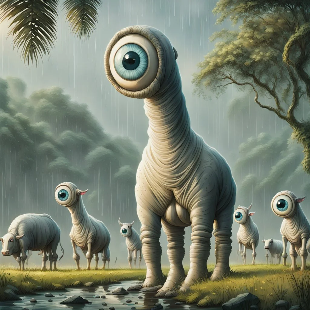 far in the distance five big crepy-cute weird creatures stand on four legs on eart , on tube heads is one giant eye , gray-white-pale blue color skin, with big cow udders on the belly between their legs,, without ears ,peacefully grazing the grass, background is a jungle, rain, detailed, sci-fi, fantasy, cinematic