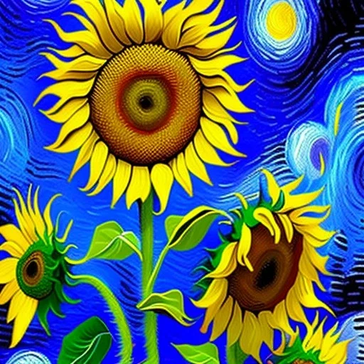 Dibujo al aceite de Campo de Girasoles con muchas nubes de colores estilo Vincent van Gogh