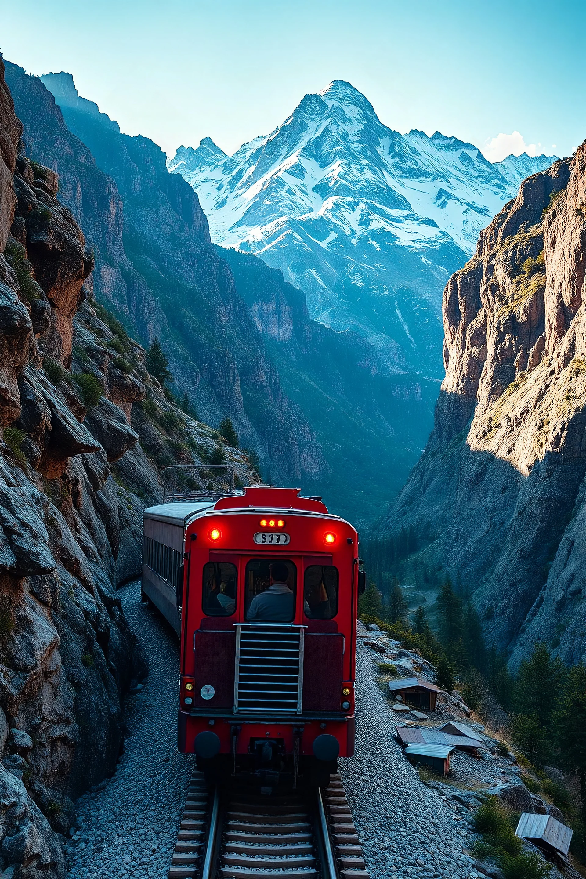 A train , train truck rides in stunning mountain landscape, mountain gorge, bright color palette, high detail, perfect composition, gcinematic shot, intricate details, hyperdetail