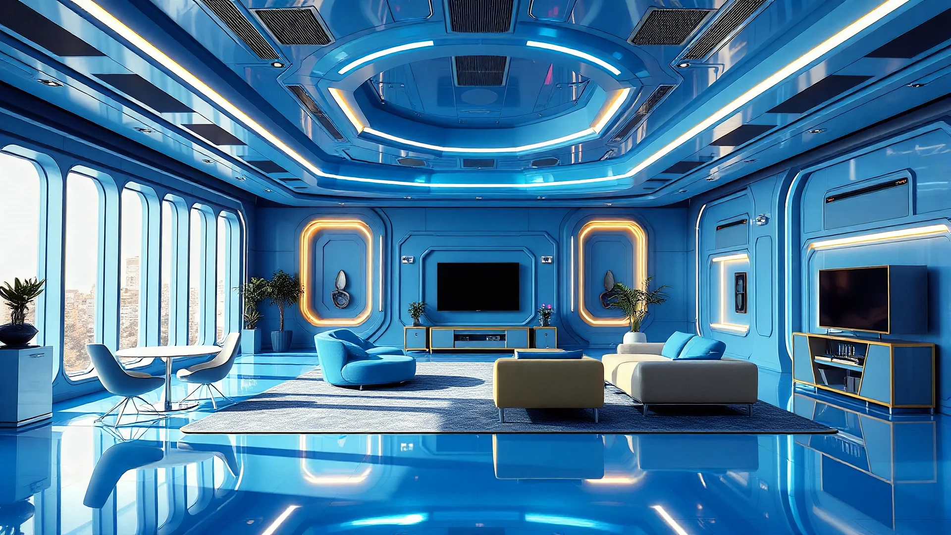 big room with modern futuristic design with blue furniture and blue walls and blue ceiling and blue floor