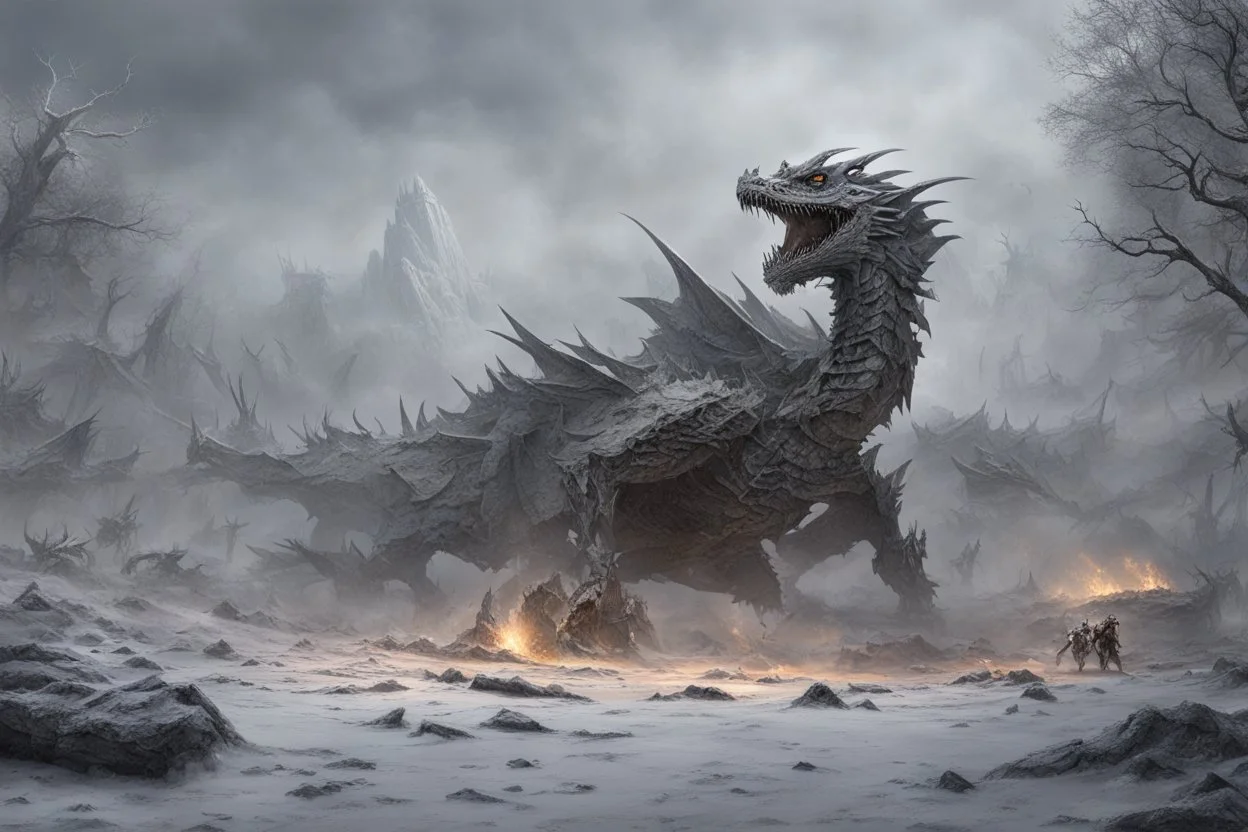 An image of an ancient battlefield located on a flat plain, covered in gray ash. Scattered across the battlefield are remnants of human warriors, weapons, and armor, all clearly lifeless. Prominently featured is the skeleton of a dragon with big horns and wings, half buried in the ash. Ash flakes float in the air like gray snowflakes, partially obscuring and dimming the sun, creating a somber and eerie atmosphere. In the far, far distance, a few ruins are visible, adding to the scene.