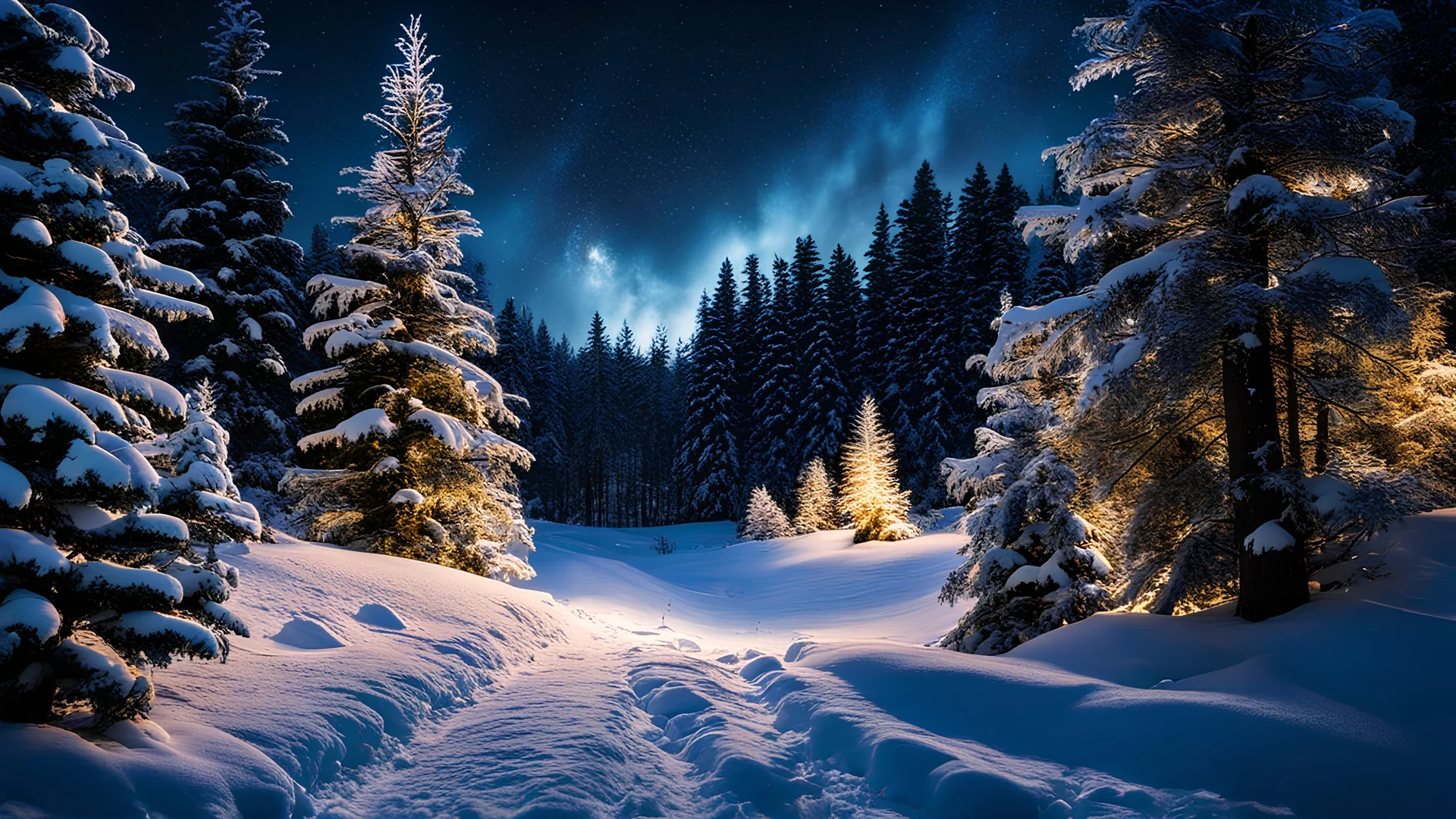 christmas time,photo of a snowy fir forest,christmas magic,midnight hour,fireflies,reflections,8k, volumetric lighting, Dramatic scene,splash color,