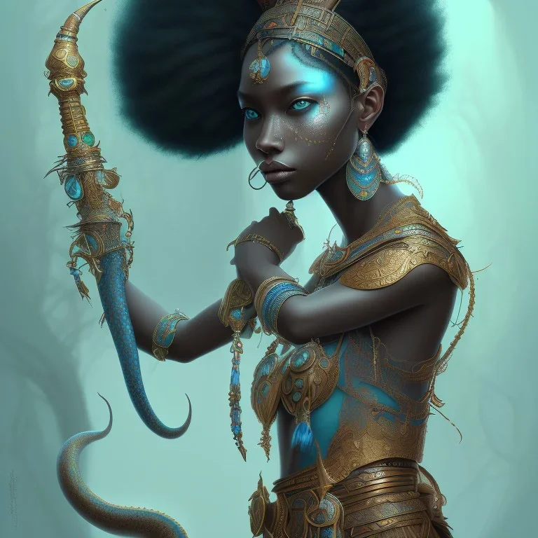 sango fantasy, fantasy magic, intricate, sharp focus, illustration, highly detailed, digital painting, concept art, matte, masterpiece head sexy view black African beauty black afro hair space lady turquoise snakeskin Indian princess