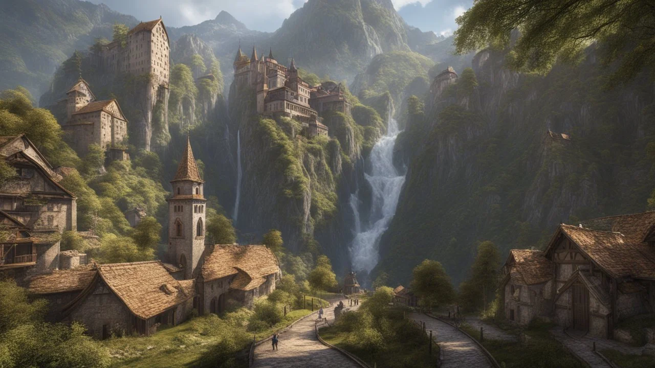 a steep, narrow, 3.000 feet tall valley inside the mountains. multiple waterfalls falling into the middle of a medieval european city. The city is at the bottom of the ravine. a masterpiece, fantasy concept art, dynamic lighting, hyperdetailed, intricately detailed, deep color, Unreal Engine, volumetric lighting, Epic cinematic brilliant stunning intricate meticulously detailed dramatic atmospheric maximalist digital matte painting