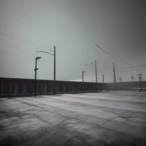 An empty carpark on a misty day. Telegraph poles and wires. Muted tones. Tilted horizon. With blotches, blurry areas and lens noise and grain. Hyper realistic Photo 4k