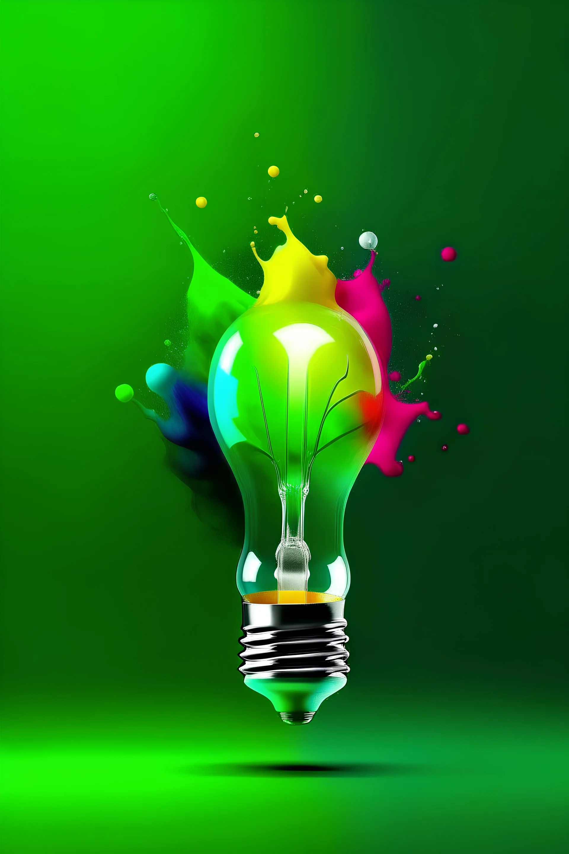 Photo illustration of colorful bulb with splash of colors on green backgroundgenerative ai