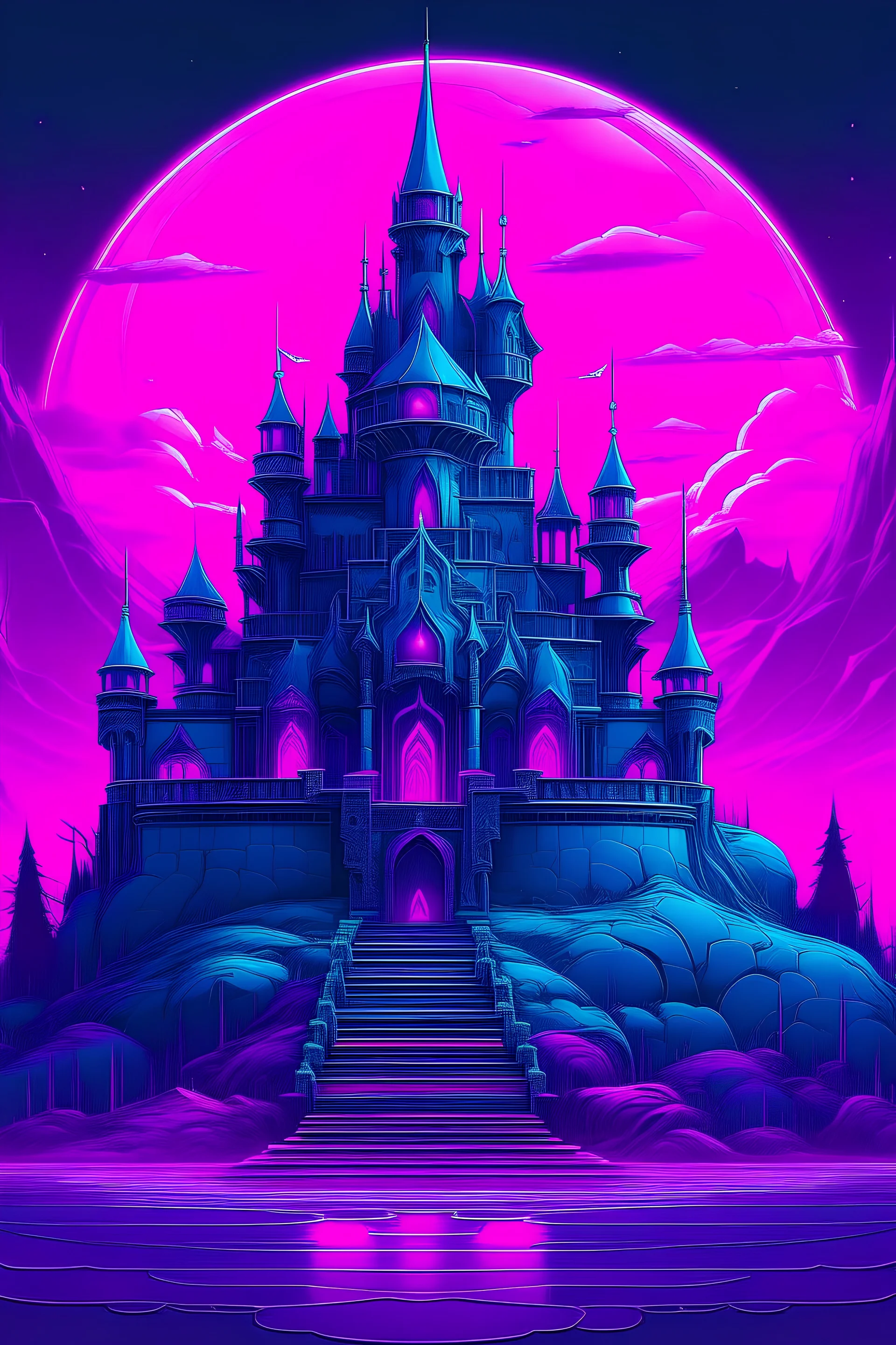 realistic fark fantasy castle with a synthwave background