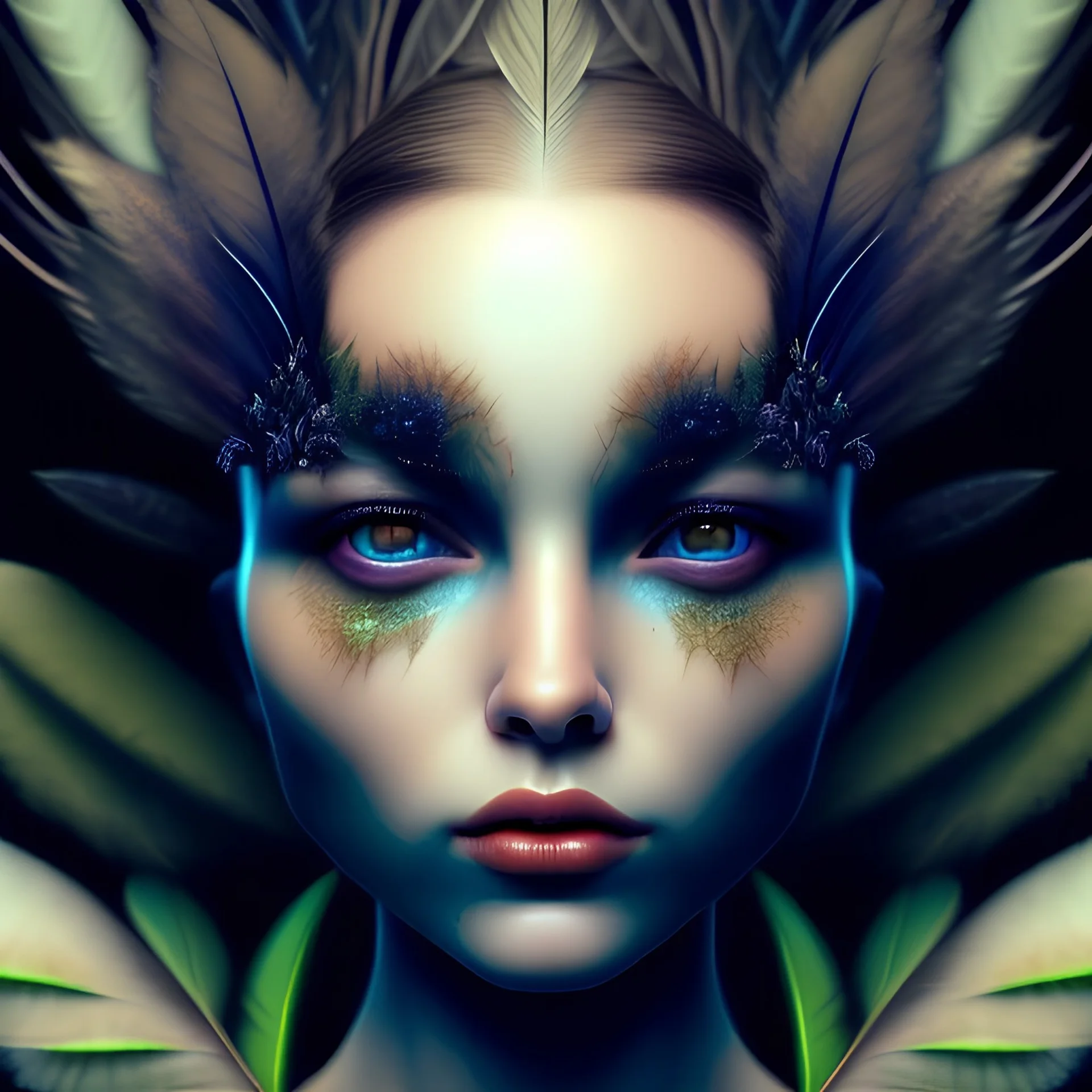 Portrait of beautiful girl, plant, metal, feathers, Dryad, fae, sidhe, ominous, nature, plants, wildflower, facepaint, dnd character portrait, intricate, oil on canvas, masterpiece, expert, insanely detailed, 4k resolution, retroanime style, cute big circular reflective eyes, cinematic smooth, intricate detail , soft smooth lighting, soft pastel colors, painted Renaissance style,bokeh, 800mm lens