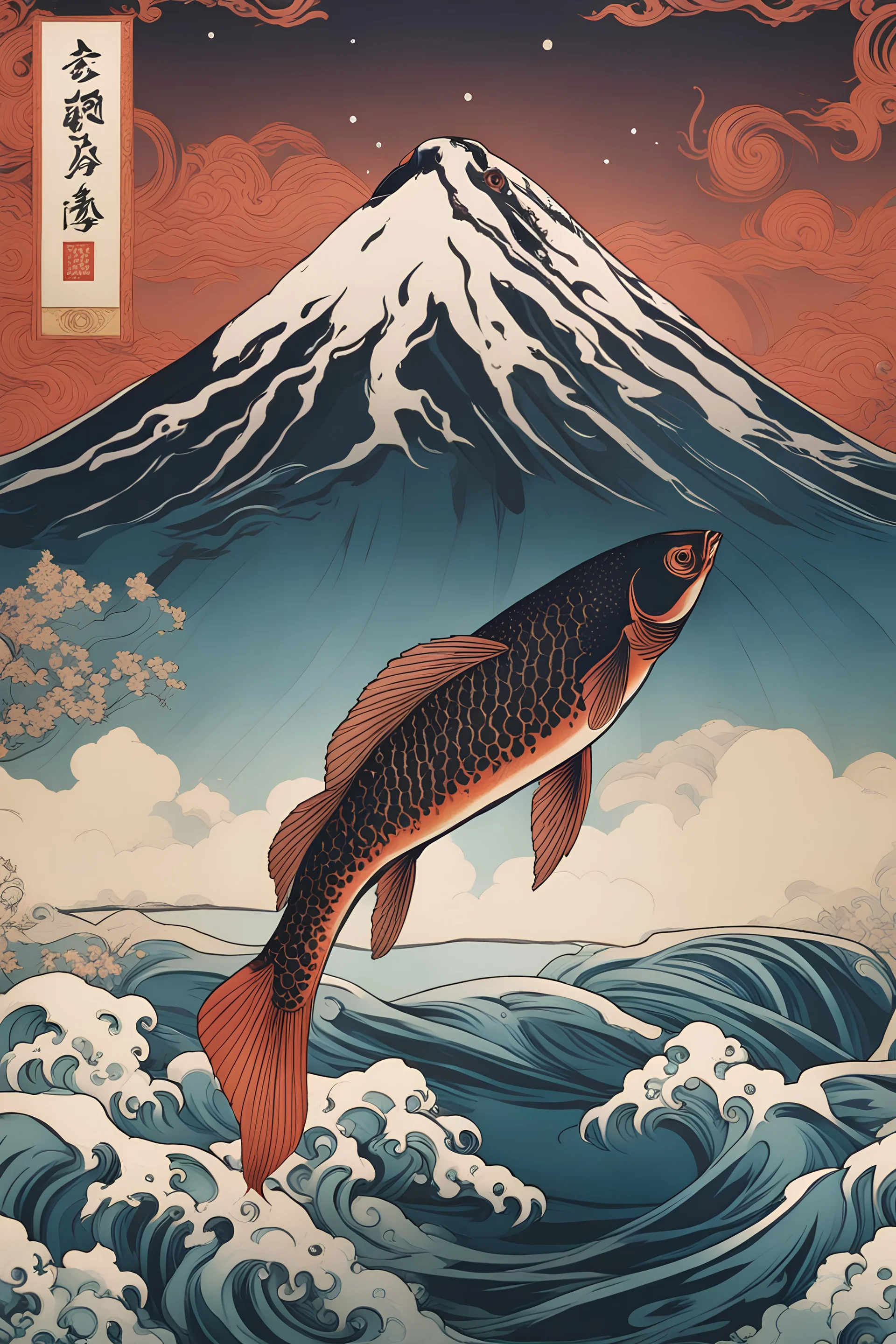 ukiyo e motif by Alfons Mucha, art HD 4K ultra high resolution,A highly detailed fish up the sea . realistic fish, tropical island, volcano. photo-real accurate