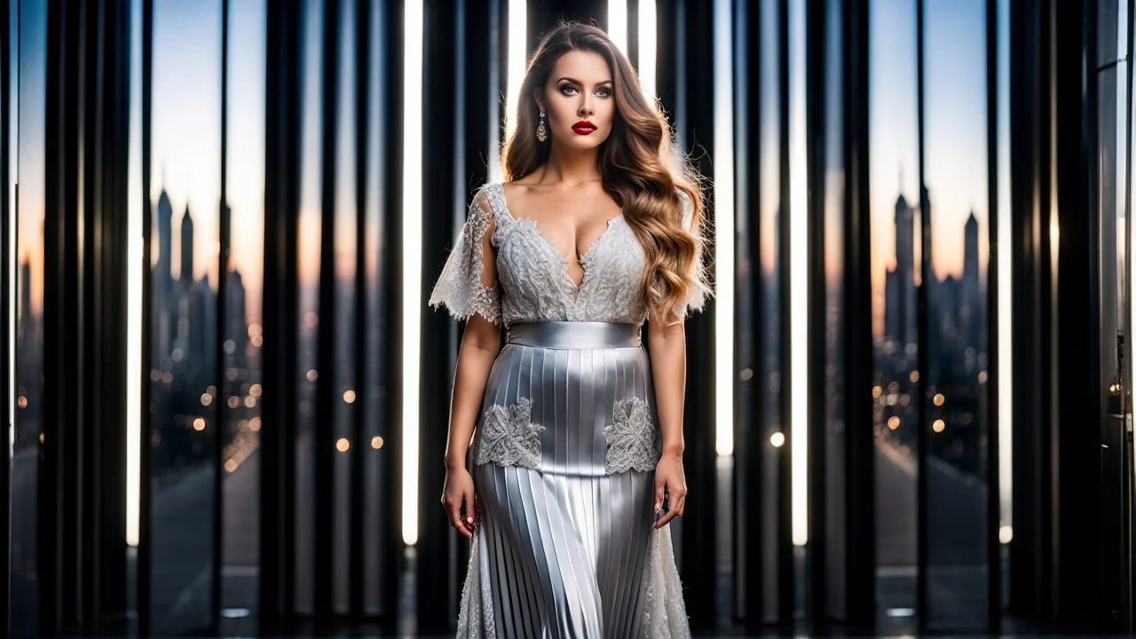 very beautiful model lady with makeup and beautiful modern fashion midi pleated velvet dark silver lace skirt with lace edges and modern loose lace top with a loose over, curvy silver long hair, standing in a modern city open satge with 8 cubic mirrors(each with 4 equal hight and equal width, vertical mirror), each vertical on its own short rotating base. with some small lights on crystal frames, on roof of a skyscraper with city escape at background, with animating dynamic lights with high