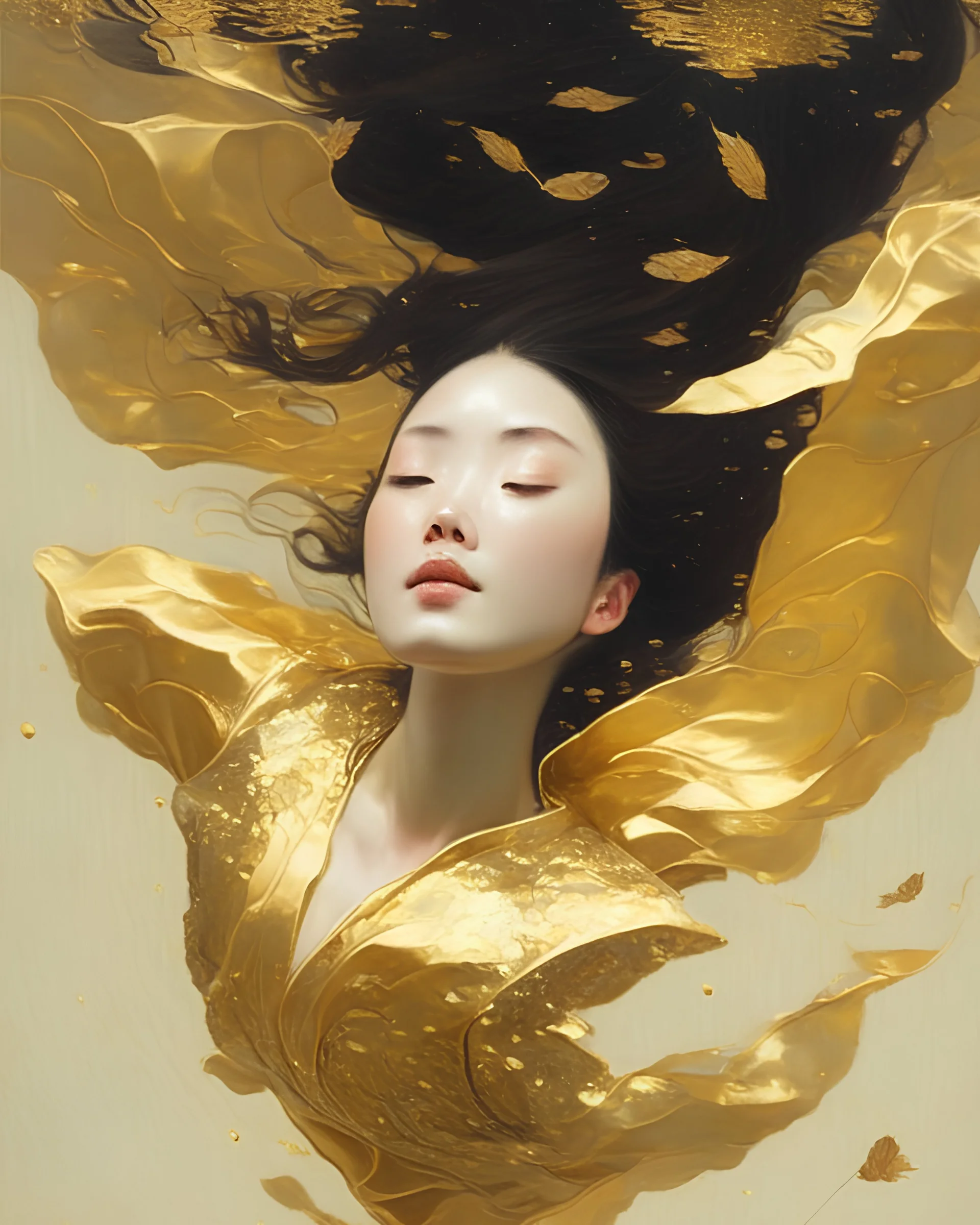 portrait d'une jeune femme. Elle flotte dans les airs. Elle est habillée de feuilles d'or. Dans le style de Daeho Cha.