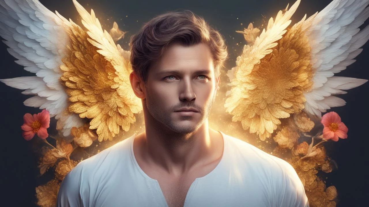 male 35 years old angel, fine rendering, high detail, 8K, bright colors, HD photography, gold, flower, double exposure