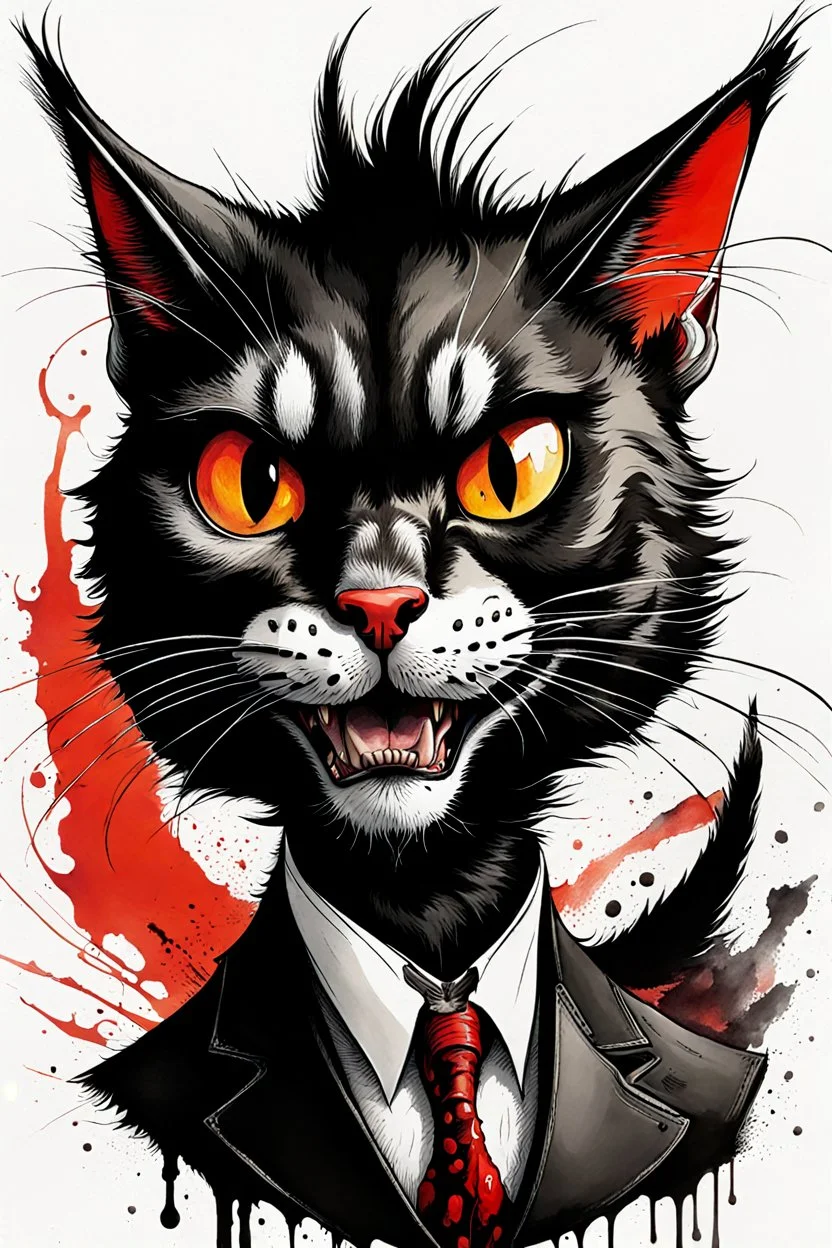 create a wild caricature of a savage, ravenous, gothpunk vampire cat, highly detailed with refined feline features in the caricature style of Gerald Scarfe and Ralph Steadman, precisely drawn, boldly inked, vividly colored, 4k