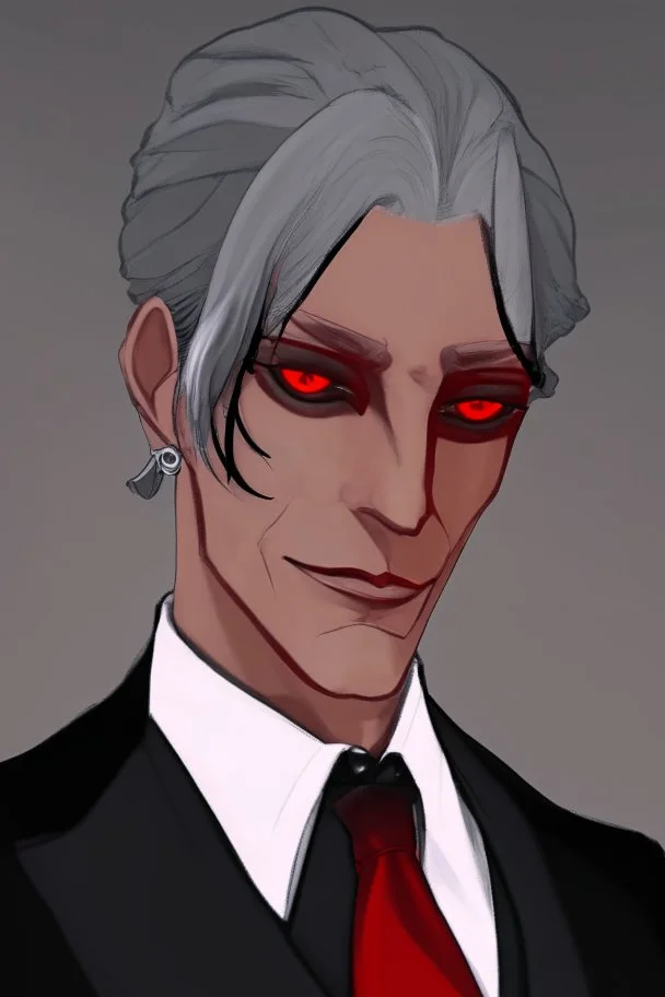 Realistic, red eyes, light skin, short black and gray hair, red earring, suit and tie clothing, gloves on hand