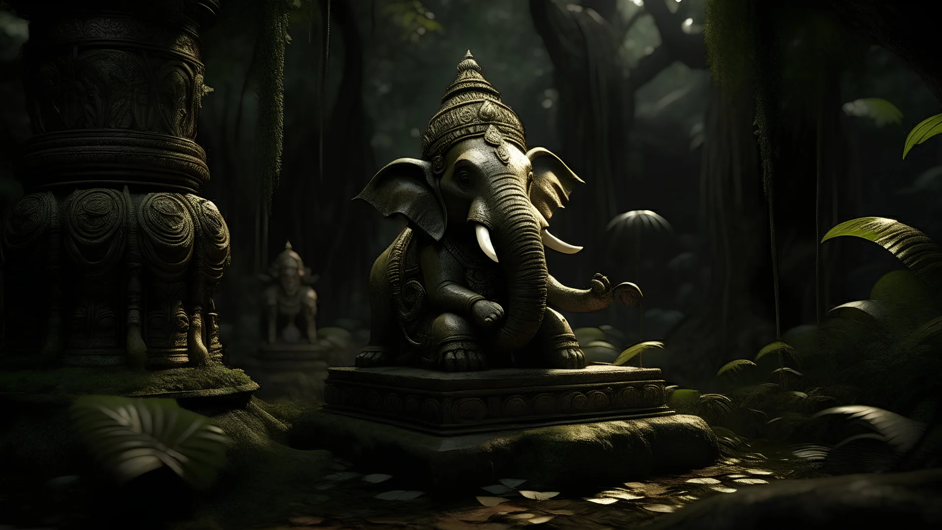 (lowkey lighting: 2) lord Ganesh, (shallow depth of field) temple ruins, forest. Dark theme, perfect composition, beautiful detailed intricate insanely detailed octane render trending on artstation, 8 k artistic photography, photorealistic concept art, soft natural volumetric cinematic perfect light, chiaroscuro, award - winning photograph, masterpiece, oil on canvas, raphael, caravaggio, greg rutkowski, beeple, beksinski, giger
