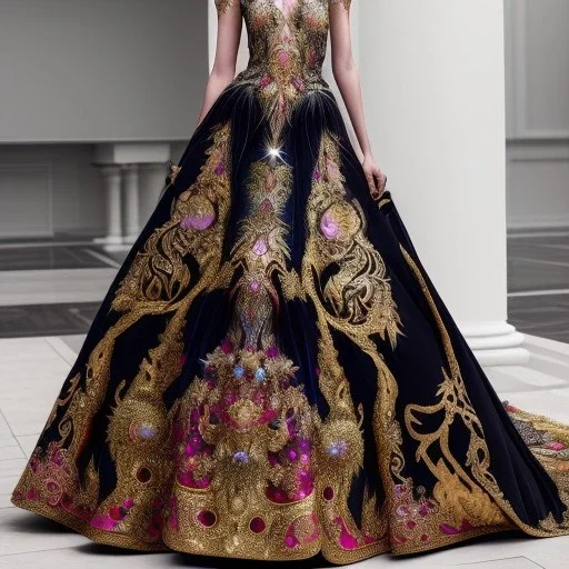 stunning extrem opulent haute couture gown designed by Marchesa inspired by fairies, realistic epic elegant fantasy color mix of black and gold and dark red,decorated with precious stones, detailed, high quality, intricate, fantasyland background,