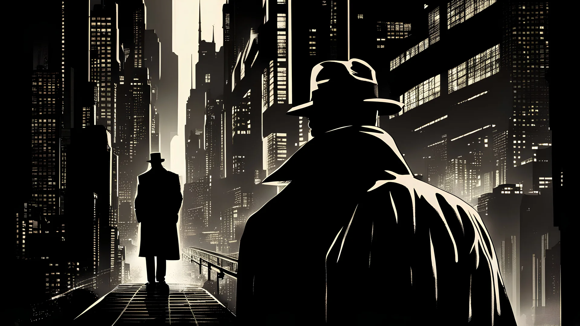 Blade runner city at night; silhouette of detective in trenchcoat