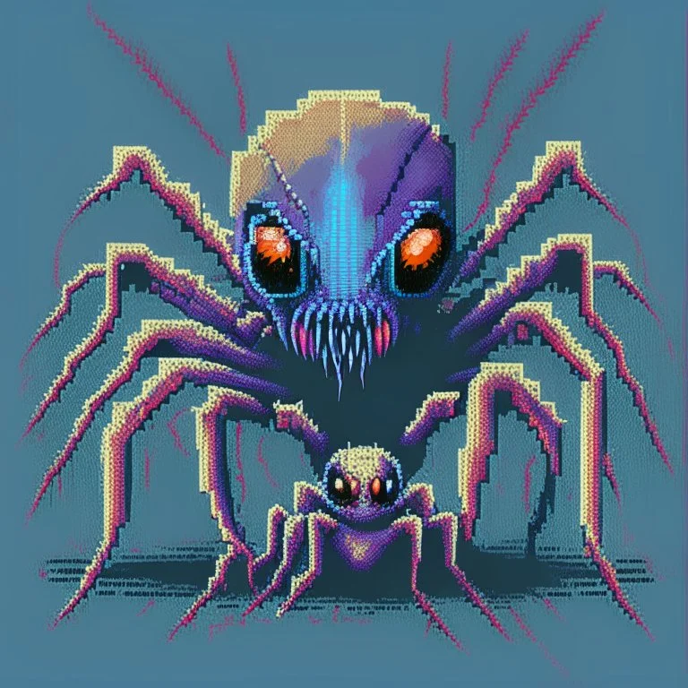 Digital, high quality illustration of spider baby, spider with baby sharp fangs, arachnia art, exaggerated, creepy cute aesthetic, absurdist, craig mullins, vintahe cartoon, airbrush fade, 80s airbrush artwork style, bright caolored retro ... pixel art 16bit retro style .., gothic spider art, creature feature