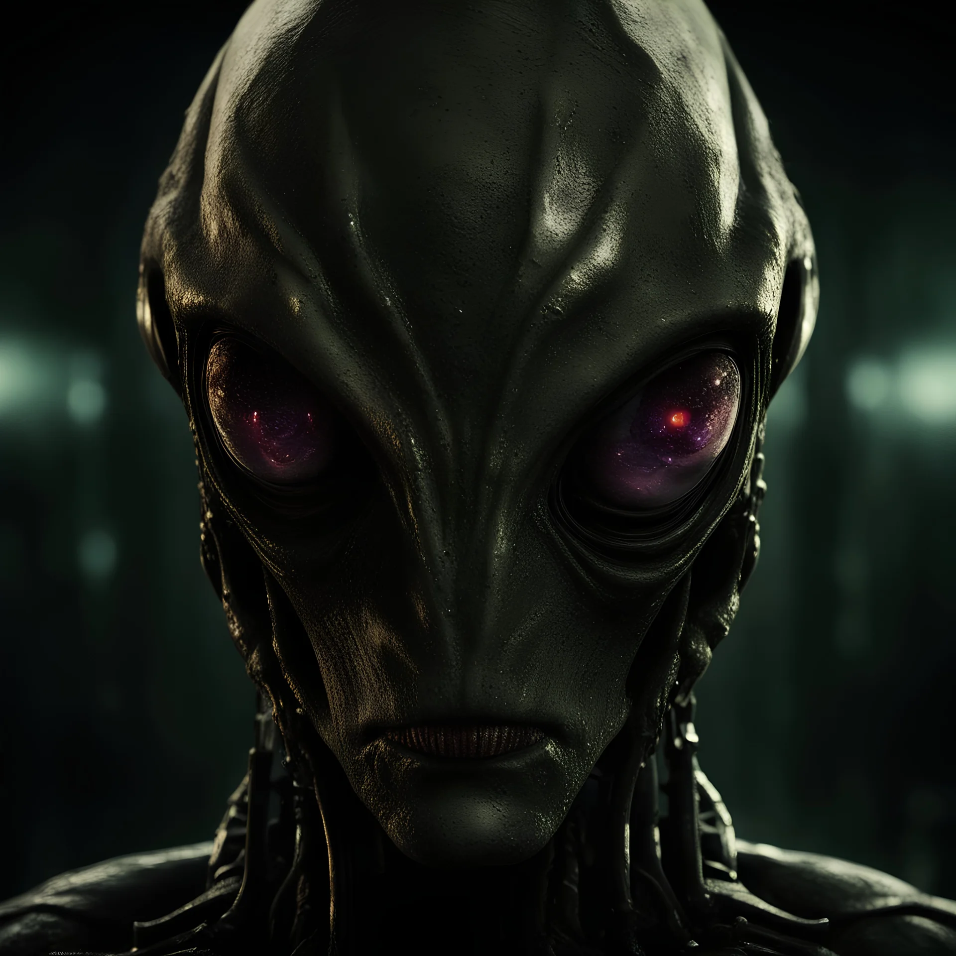 a close up 'en face' portrait of a combat alien. . photorealistic. use these themes: the borg, the matrix squiddies, cyberpunk. the lighting should be dark. it is standing in the shadows. it's battle damaged after years of action. incredibly ominous. it has targetting sensor externally attached to its head.