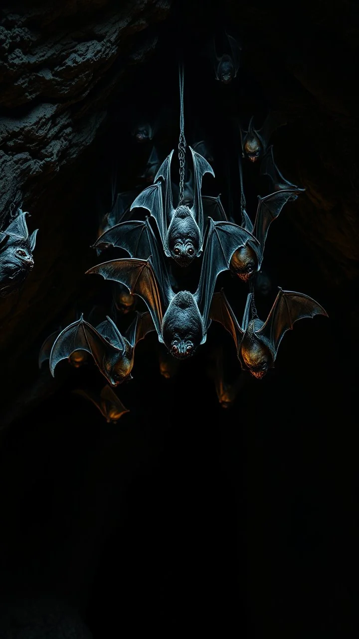Bosch nightmares paining style bats hanging upside down inside a cave , 8k artistic photography, photorealistic concept art, soft natural volumetric cinematic perfect light, chiaroscuro, award-winning photograph, masterpiece, oil on canvas, Raphael, Caravaggio’s, Greg Rutkowski, people, beksinski, Giger