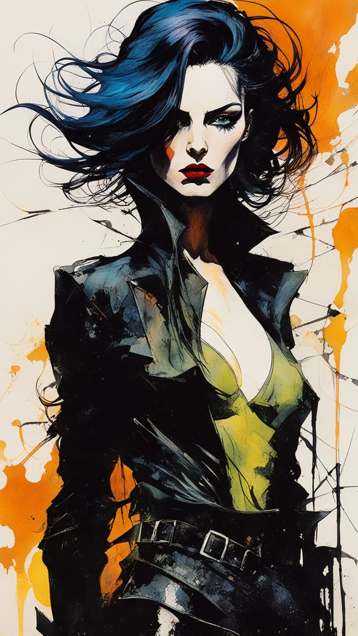 an Abstract Expressionist, ink oil, female, dark gothic assassin , La Femme Nikita, Aeon Flux, close up, full body, portrait illustration, in the style of Bill Sienkiewicz, Egon Schiele, Mike Mignola, and Jean-Giraud Moebius, with highly detailed hair and facial features, in vibrant chromatic color,