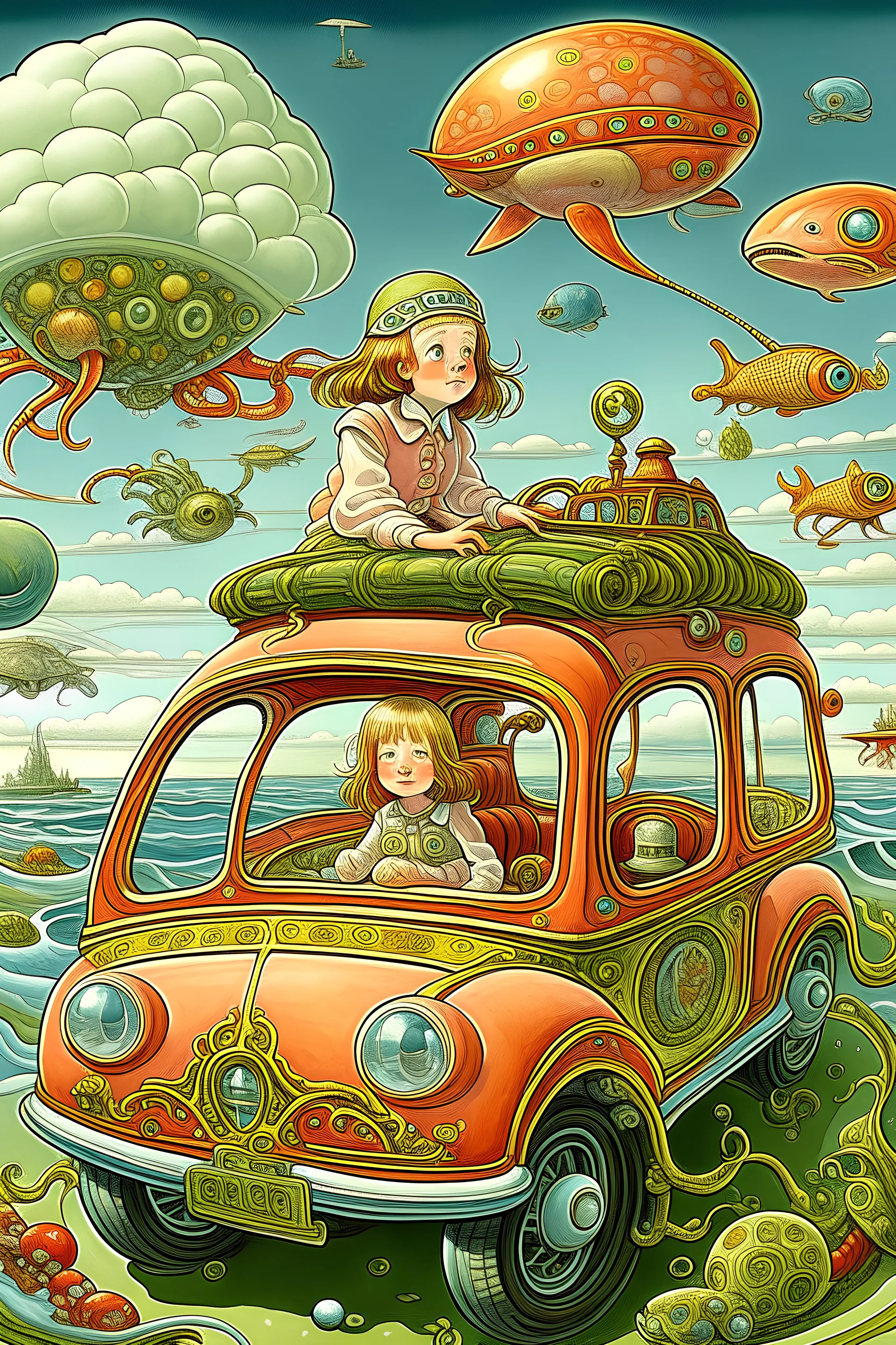 Walter Crane, Barbara Cooney, François-Louis Schmied, animesque wondrous strange Whimsical surreal fanciful Sci-Fi Fantasy country above the clouds Ukishima Beetle Taxi Fish in the sea of clouds、octopuses、jellyfish Little girl in a taxi Hyperdetailed high definition high resolution high quality masterpiece, detailed face