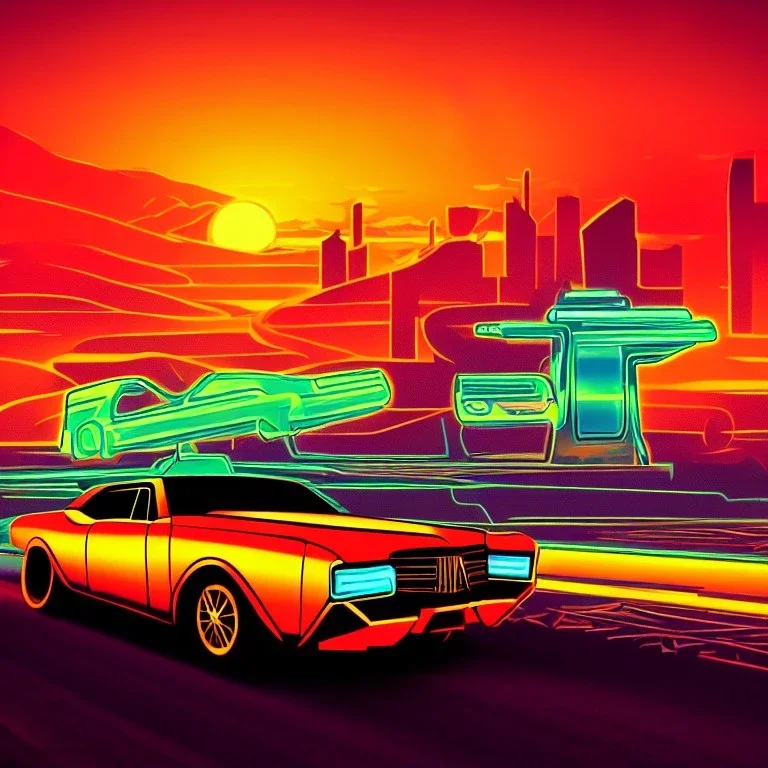 art deco, cyberpunk, neon muscle car, desert road, sunset, full colour, hd,