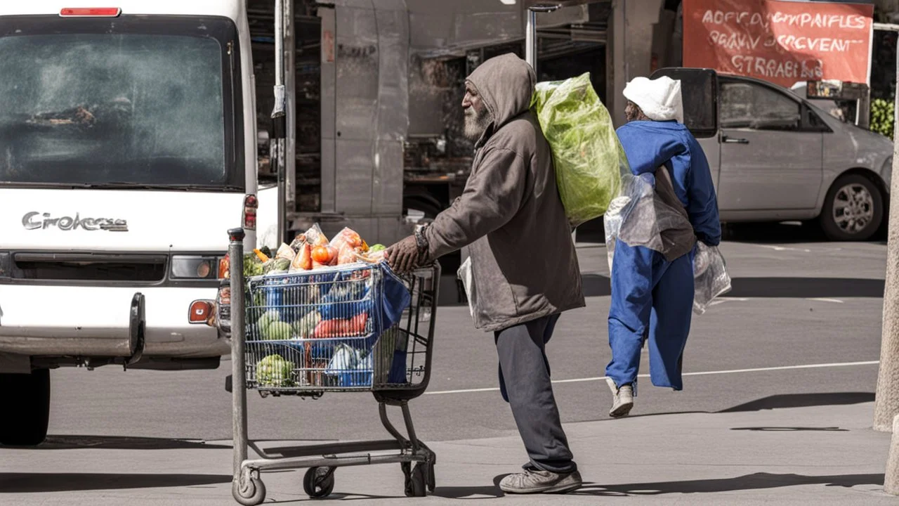 dirty homeless man selling his groceries to strangers