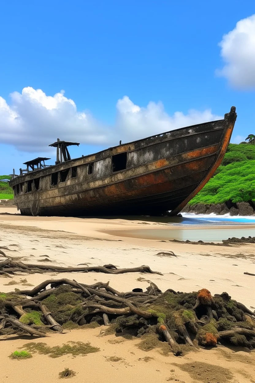 A shipwreck on a beach that has a kuo-toa camp on it