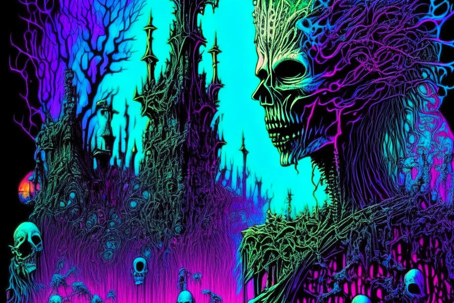 Gothic Ghouls || surrealism :: magic realism :: in the styles of Ian Miller :: stipple shading :: alcohol neon ink :: gothic colors :: cinematic :: sharp focus :: highest resolution :: epic masterpiece, dark neon shine, atmosphere guided by N(t)=N0​⋅e−kt